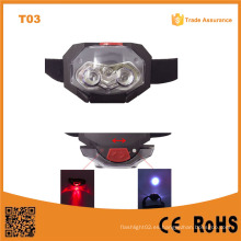 T03 1red LED + 2 LED de plástico faro Traillight luz de camping luz de la antorcha 3 * AAA batería de luz de apoyo